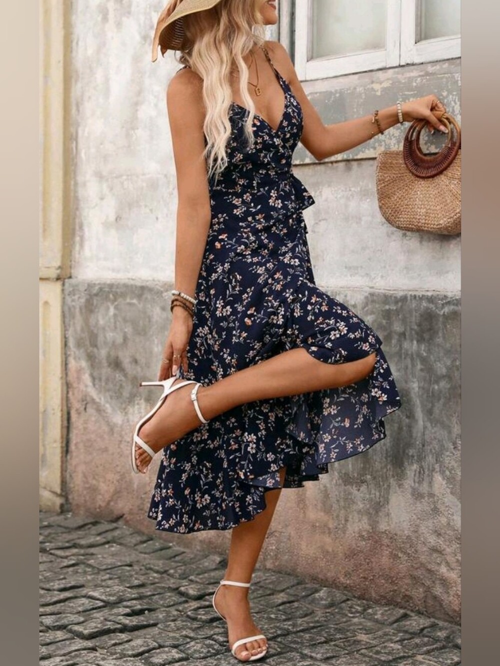 New Boho Floral Wrap Midi Dress Navy Blue White